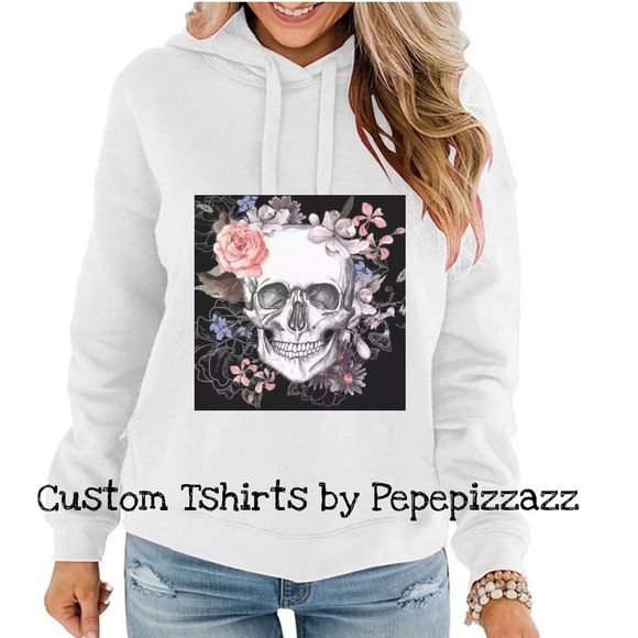 FLORAL SKULL HOODIES Fashionista. Cozy sweatshirt. Handmade - Picture 2 of 3